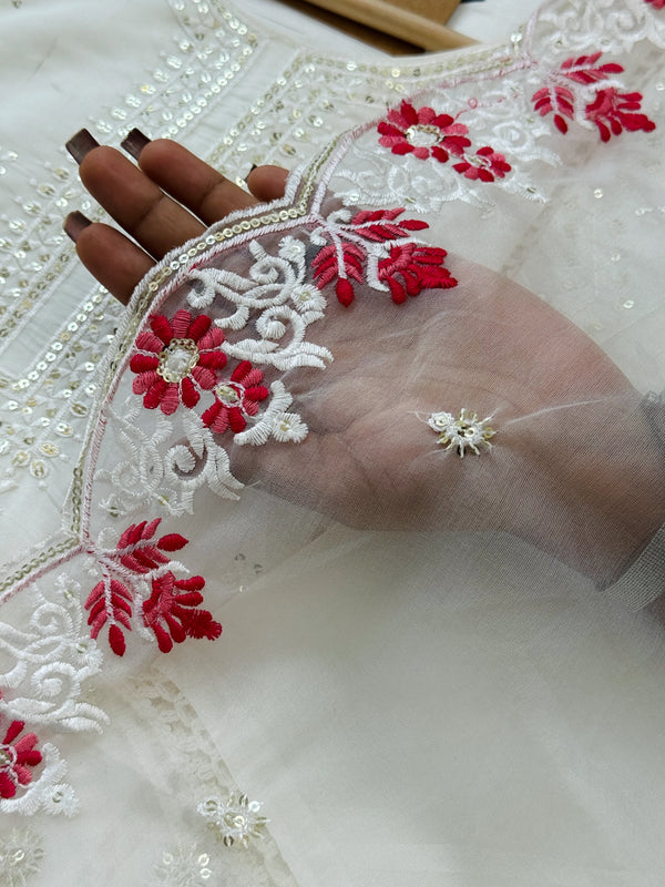 Semi Silk Embroidered Kurti Set with Organza Dupatta – Effortless Festive Elegance