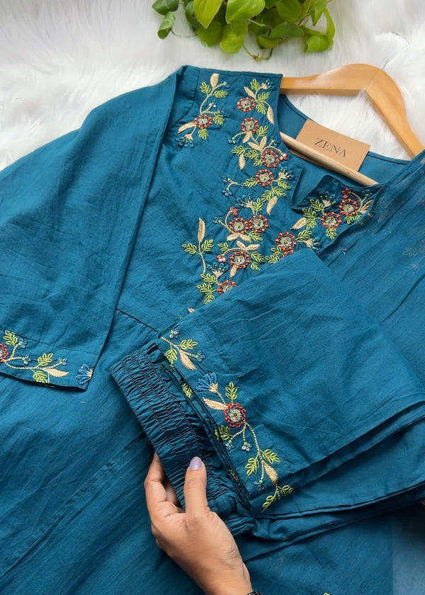 Mul Chanderi Embroidered A-Line Kurti Set