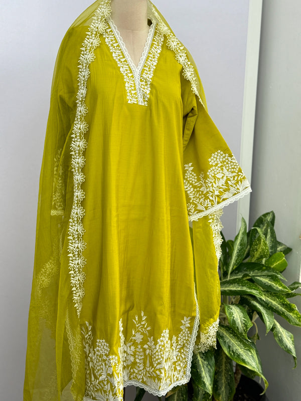 Mul Cotton Embroidered A-Line Kurti Set