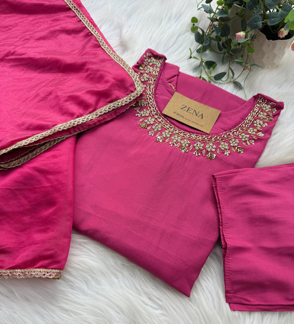 Roman Silk Hand Work A-Line Kurti Set – Elegant Partywear