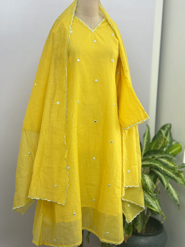 Premium Mul Chanderi Mirror Work A-Line Kurti Set – Shine with Subtle Elegance