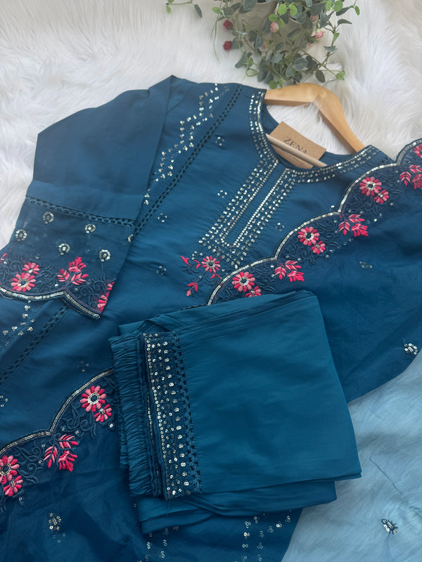 Pure Cotton Party Wear Kurti Set with Organza Embroidered Dupatta