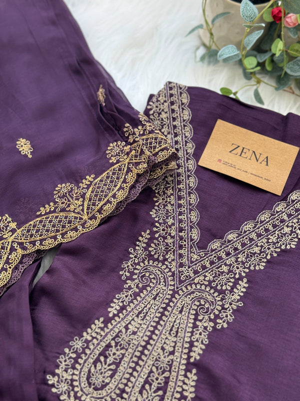 Russian Silk Unstitched Partywear Suit with Organza Dupatta – Elegant Ethnic Wear