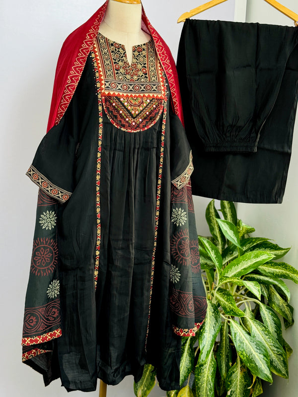 Ajrakh Printed Embroidered Anarkali Set – Modal Muslin Silk with Plazo Pants