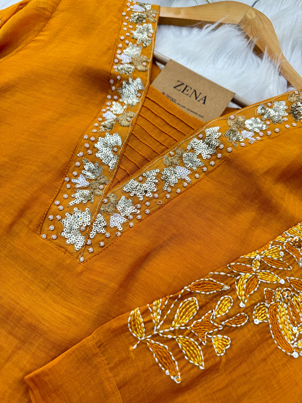 Premium Mul Chanderi Hand Detailed A-Line Kurti Set – Grace in Every Thread