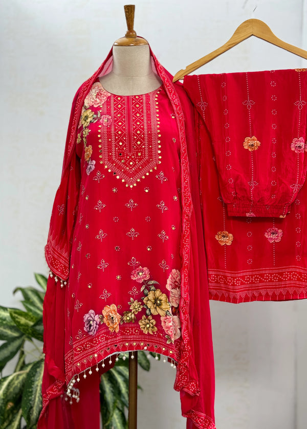 Pure Chinon Partywear Sharara Suit with Sharara Pants – Celebrate in Flowing Elegance