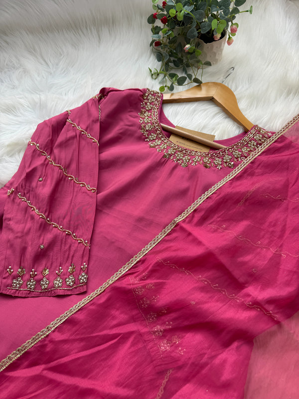 Roman Silk Hand Work A-Line Kurti Set – Elegant Partywear