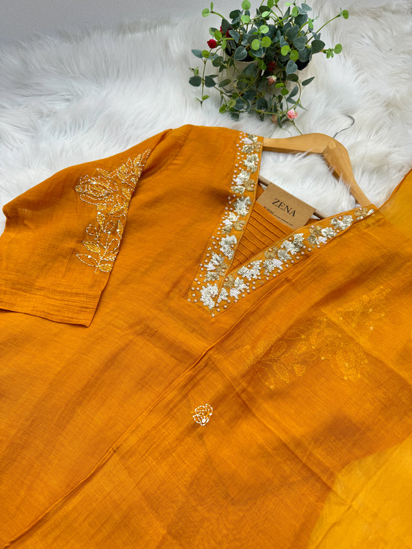 Premium Mul Chanderi Hand Detailed A-Line Kurti Set – Grace in Every Thread