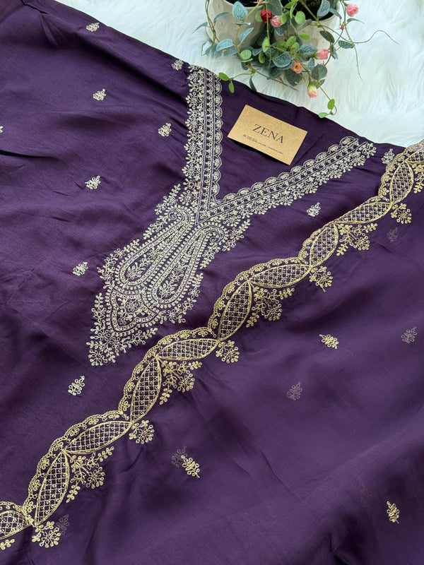 Russian Silk Unstitched Partywear Suit with Organza Dupatta – Elegant Ethnic Wear