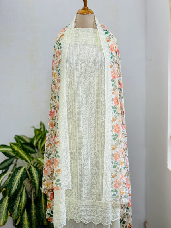 Unstitched Georgette Schiffli Work Partywear Suit