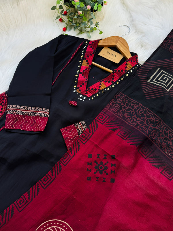Premium Glass Chanderi Mirror Work Kurti Set – Paired with Cotton Dupatta & Palazzo ✨