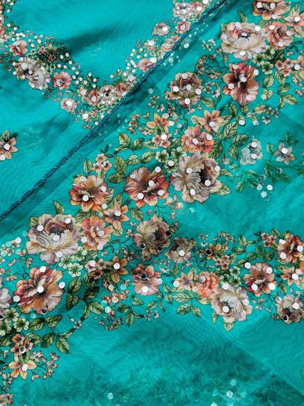 Unstitched Organza Digital Printed Suit with Original Mirror Work – Craft Your Style with Elegance