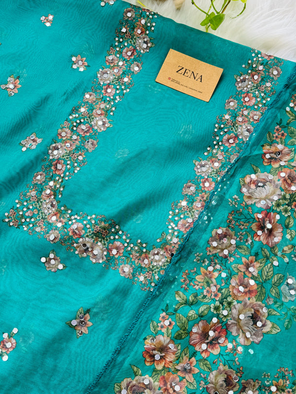 Unstitched Organza Digital Printed Suit with Original Mirror Work – Craft Your Style with Elegance