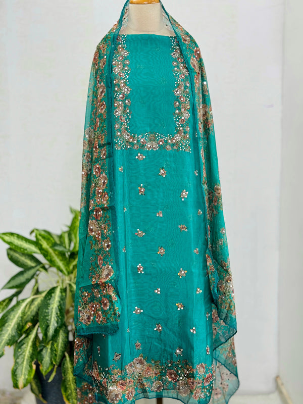 Unstitched Organza Digital Printed Suit with Original Mirror Work – Craft Your Style with Elegance