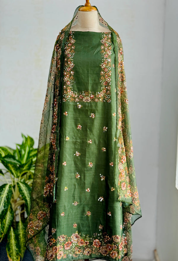 Unstitched Organza Digital Printed Suit with Original Mirror Work – Craft Your Style with Elegance