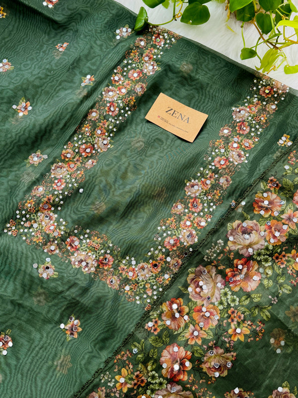 Unstitched Organza Digital Printed Suit with Original Mirror Work – Craft Your Style with Elegance