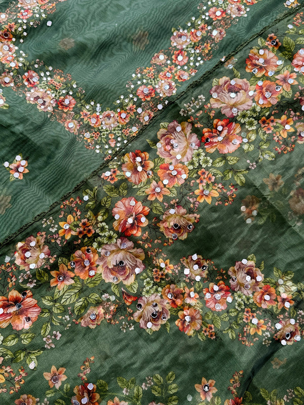 Unstitched Organza Digital Printed Suit with Original Mirror Work – Craft Your Style with Elegance