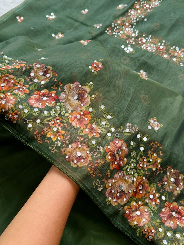 Unstitched Organza Digital Printed Suit with Original Mirror Work – Craft Your Style with Elegance