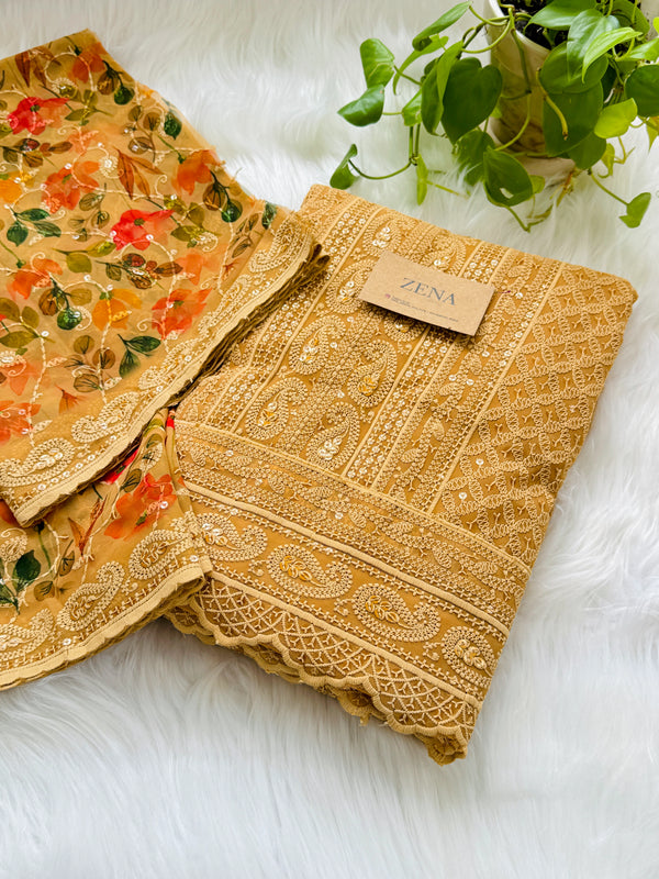 Unstitched Georgette Schiffli Work Partywear Suit