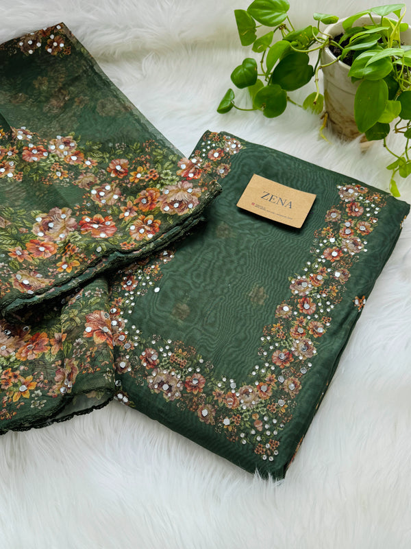 Unstitched Organza Digital Printed Suit with Original Mirror Work – Craft Your Style with Elegance