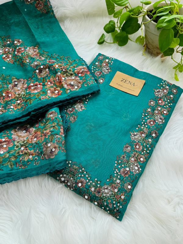 Unstitched Organza Digital Printed Suit with Original Mirror Work – Craft Your Style with Elegance