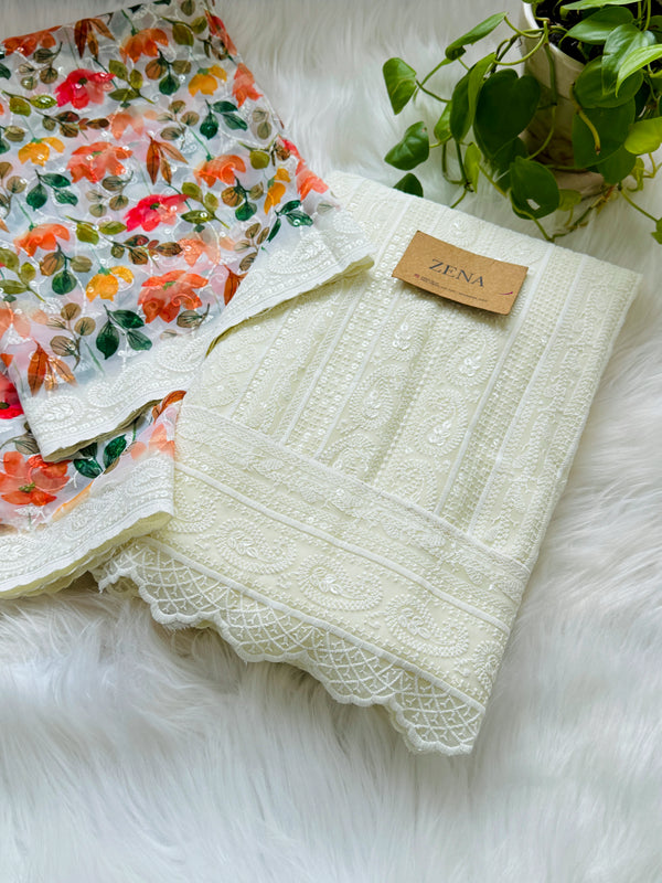 Unstitched Georgette Schiffli Work Partywear Suit