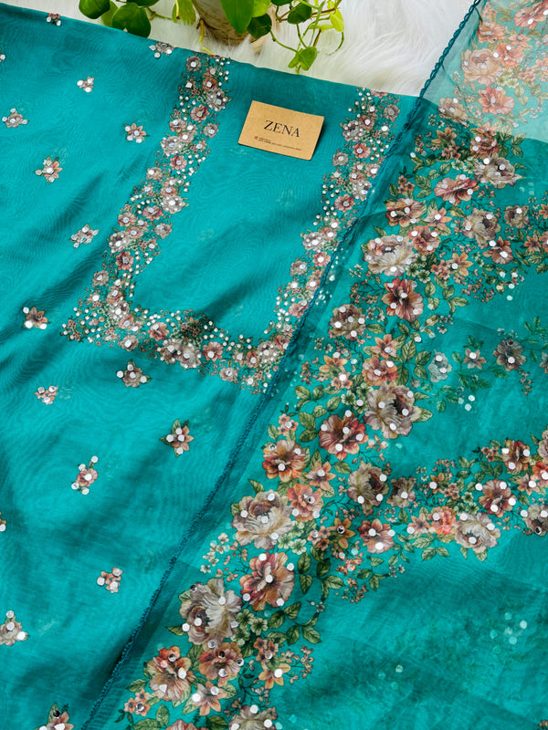 Unstitched Organza Digital Printed Suit with Original Mirror Work – Craft Your Style with Elegance