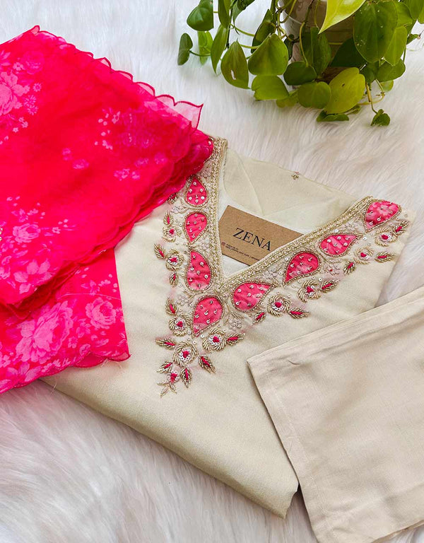 READY TO WEAR TISSUE SILK HAND WORK KURTI SET WITH ORGANZA DUPATTA ✨