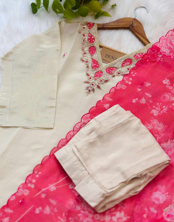 READY TO WEAR TISSUE SILK HAND WORK KURTI SET WITH ORGANZA DUPATTA ✨