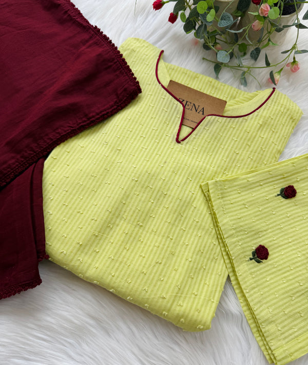 ✨ Pure Cotton Striped Hand-Embroidered French Knot Kurti Set ✨