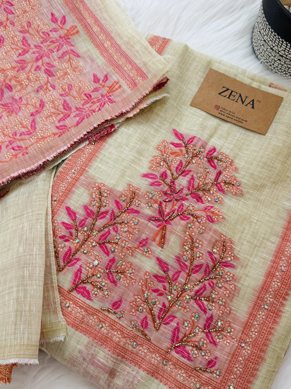 🌼✨ Onam Arrival | Linen Hand-Detailed Unstitched Suit ✨🌼