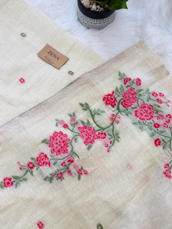 🌼✨ Onam Arrival | Linen Hand-Detailed Unstitched Suit ✨🌼