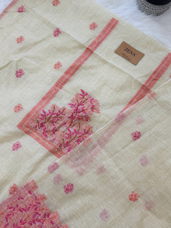 🌼✨ Onam Arrival | Linen Hand-Detailed Unstitched Suit ✨🌼