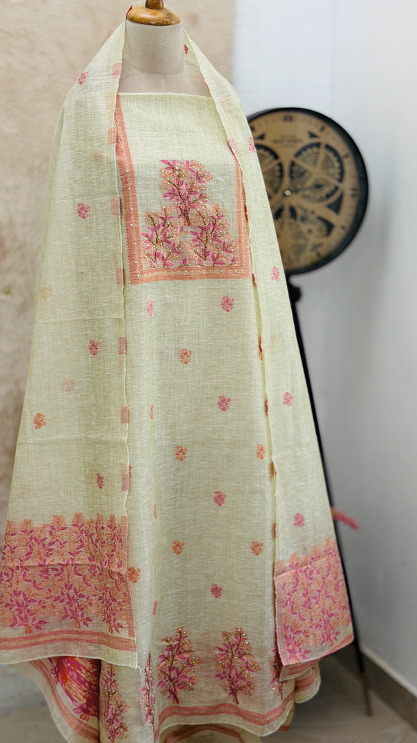 🌼✨ Onam Arrival | Linen Hand-Detailed Unstitched Suit ✨🌼