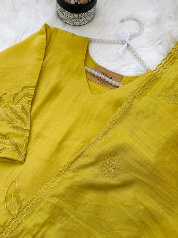 ✨ Glass Chanderi Embroidered A-Line Kurti Set ✨