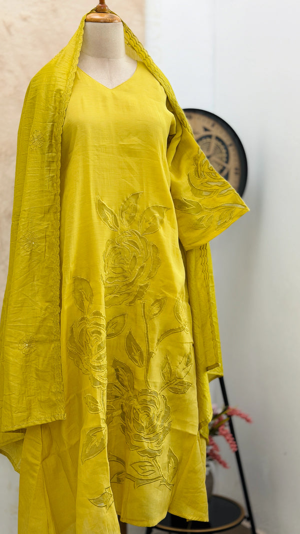 ✨ Glass Chanderi Embroidered A-Line Kurti Set ✨