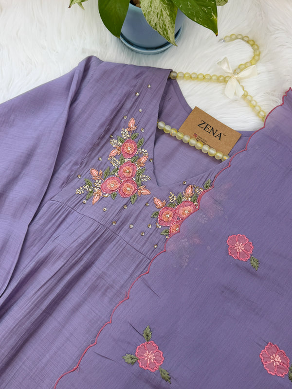 ✨ Mul Chanderi Floral Handwork Anarkali Set
