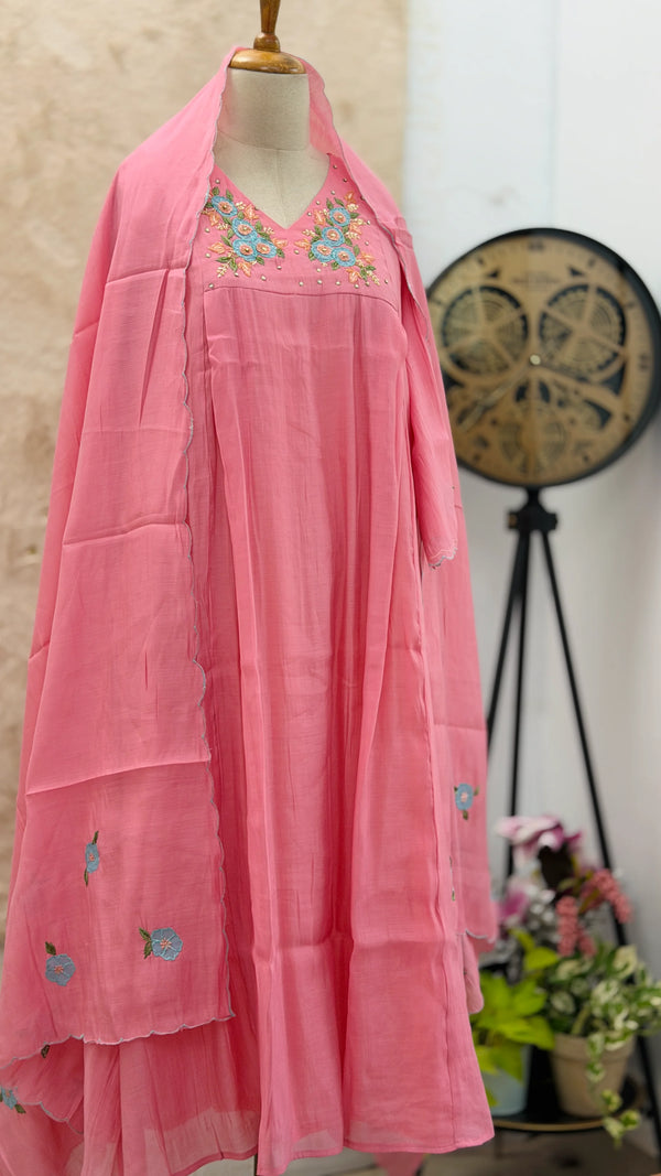 ✨ Mul Chanderi Floral Handwork Anarkali Set