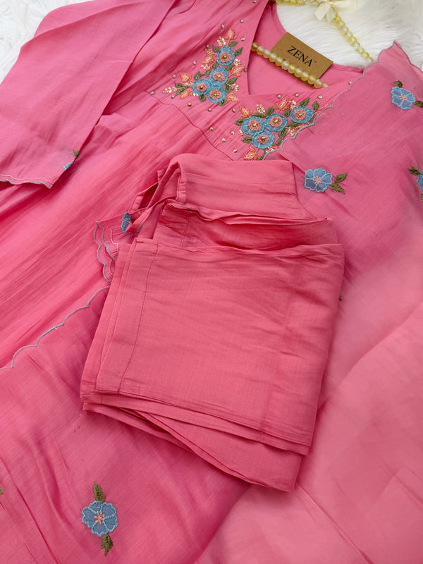 ✨ Mul Chanderi Floral Handwork Anarkali Set