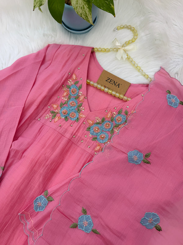 ✨ Mul Chanderi Floral Handwork Anarkali Set