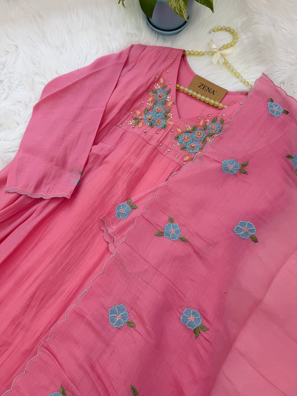 ✨ Mul Chanderi Floral Handwork Anarkali Set