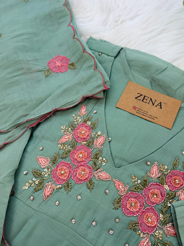 ✨ Mul Chanderi Floral Handwork Anarkali Set