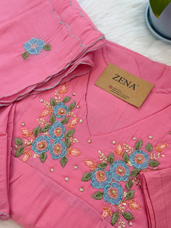 ✨ Mul Chanderi Floral Handwork Anarkali Set