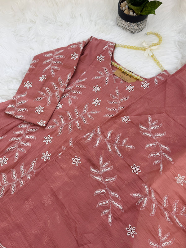 ✨ Coral Crush Chanderi A-Line Kurti Set ✨