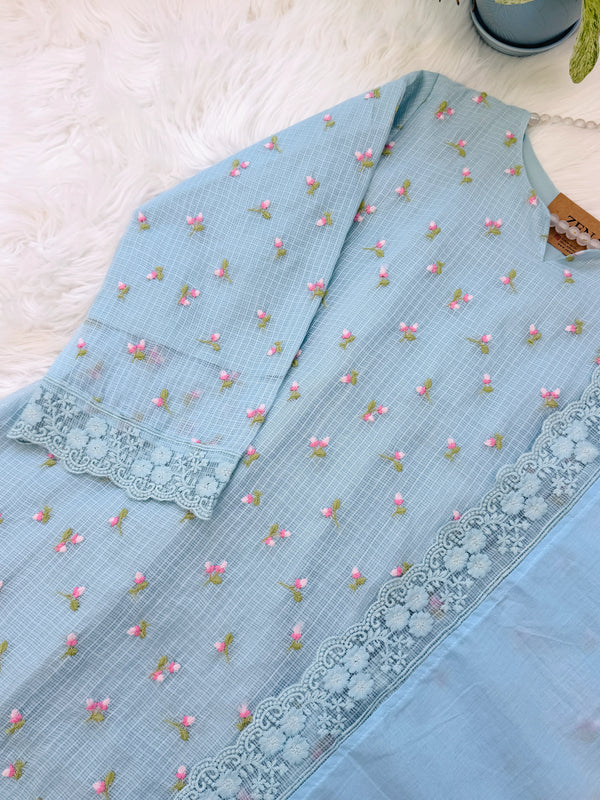 ✨ Pure Kota Doria Floral Embroidered Kurti Set