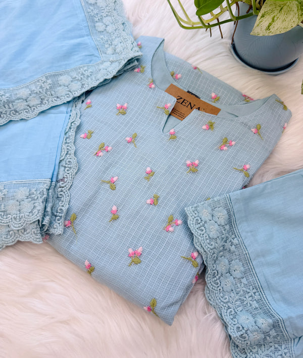 ✨ Pure Kota Doria Floral Embroidered Kurti Set
