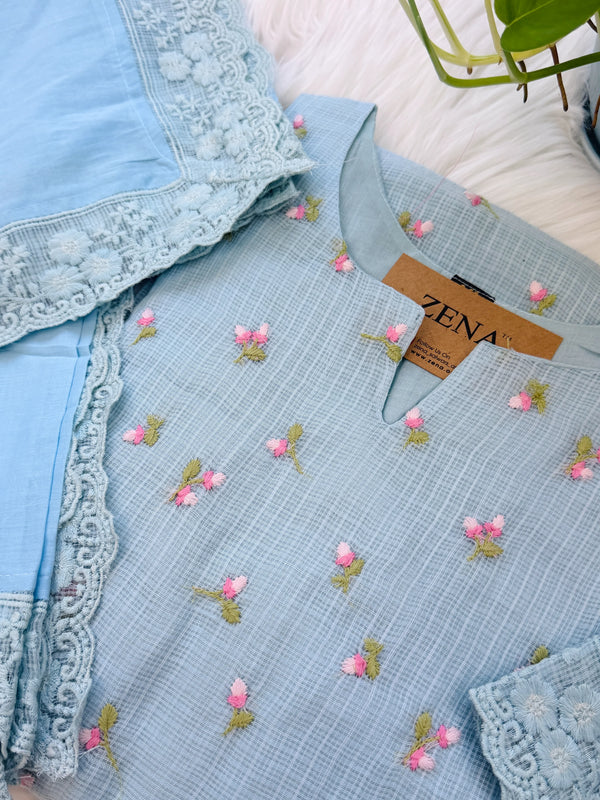 ✨ Pure Kota Doria Floral Embroidered Kurti Set