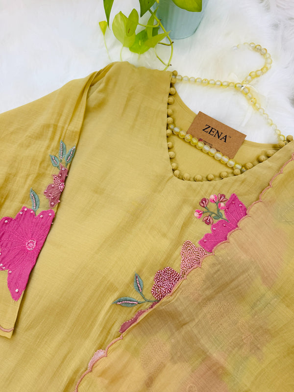 ✨ Pure Mul Chanderi Floral Embroidery Work Kurti Set