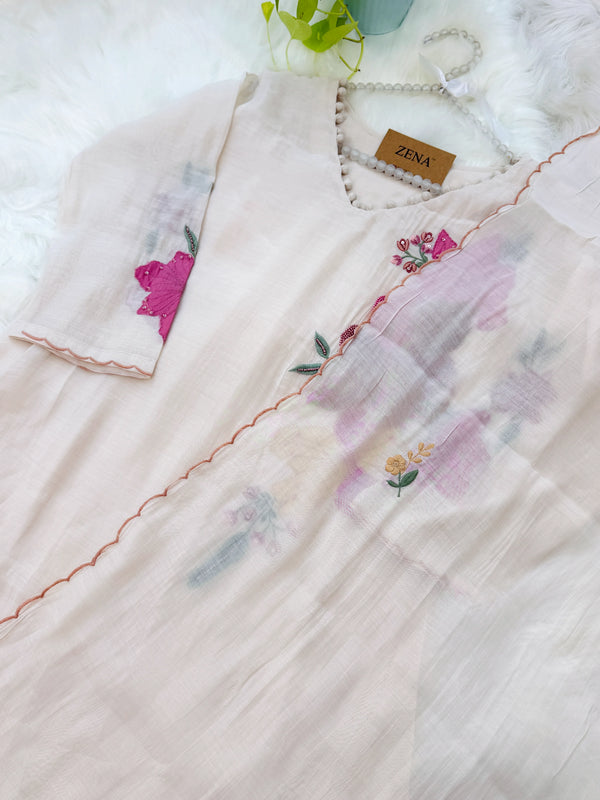 ✨ Pure Mul Chanderi Floral Embroidery Work Kurti Set