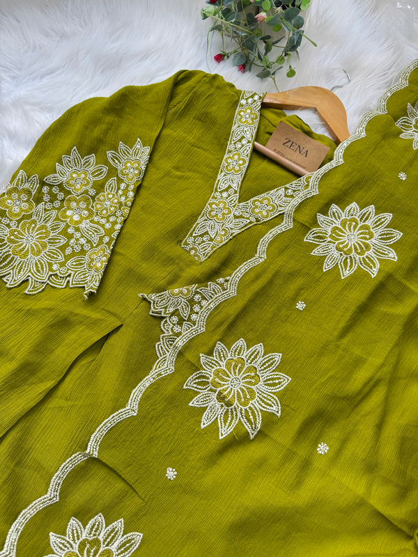 Pure Cotton Striped Embroidered Kurti Set